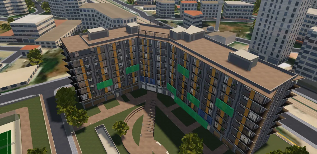 3D sanal makette daire arama: binanın cephesinde satıştaki daireler renkli